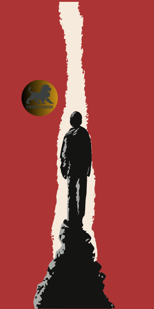 Silhouette of a person standing on rocky peak against a vertical streak of light on red background with golden lion emblem