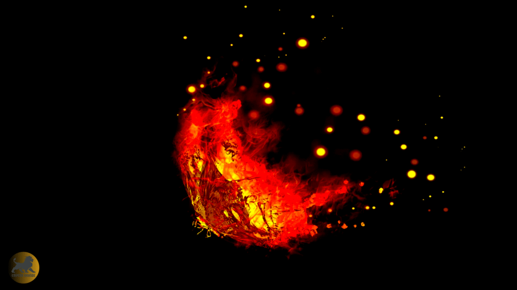 Vibrant fiery butterfly made of flames and sparks glowing against a dark background with a golden lion emblem in the corner